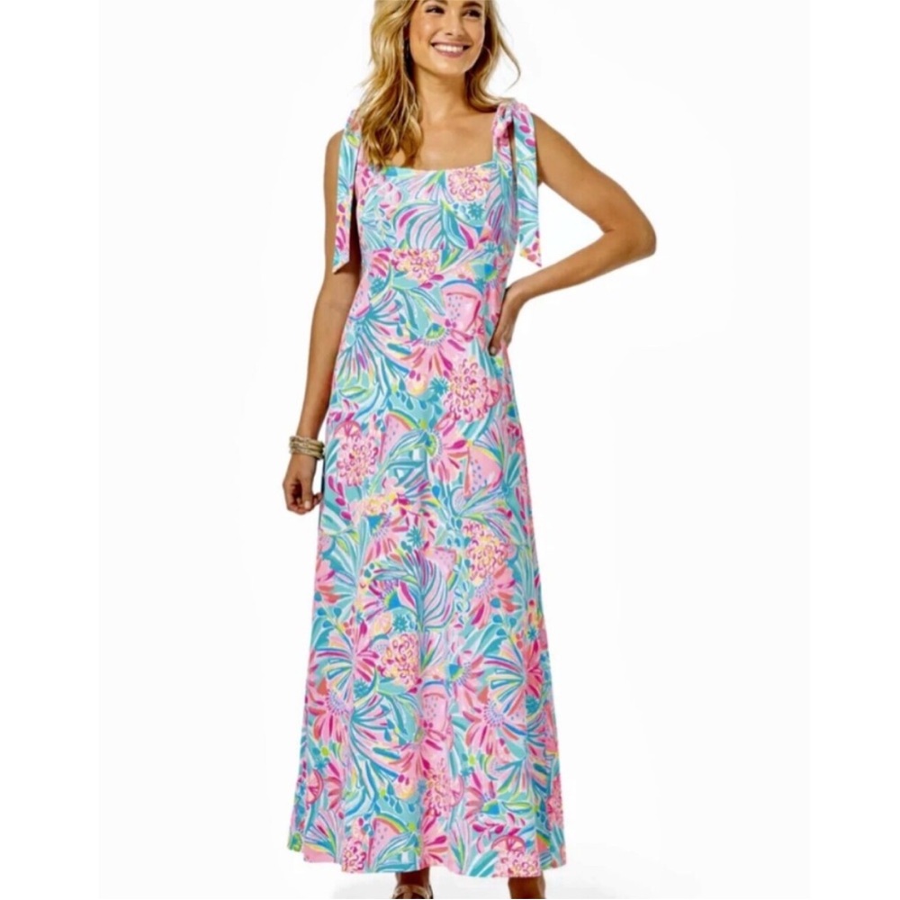Lilly Pulitzer Maleka Tie Shoulder Maxi Dress XS Tropical Floral Vacation